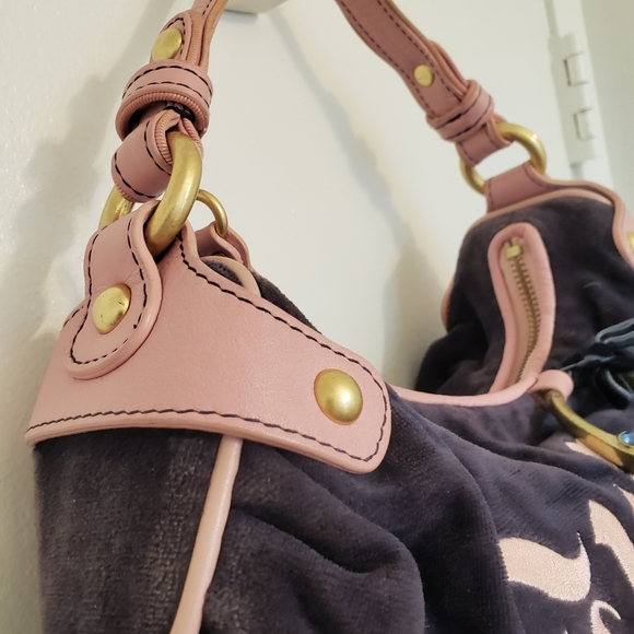 Juicy Couture Rock Ring and Jewel Embellished Embroidered Violet Velour Hobo Bag - Picture 5 of 10